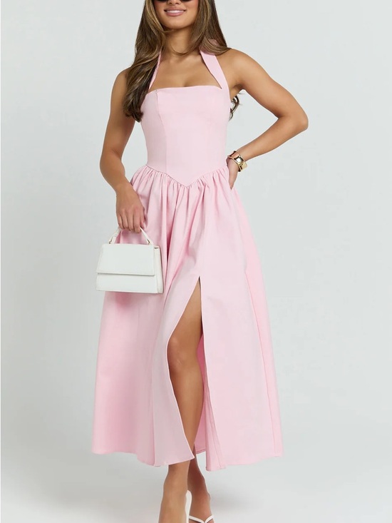 Showpo. Dresses & Skirts - Showpo Pale Pink Halter Midi Dress with Front Slit: Helda Midi Dress, halter tie